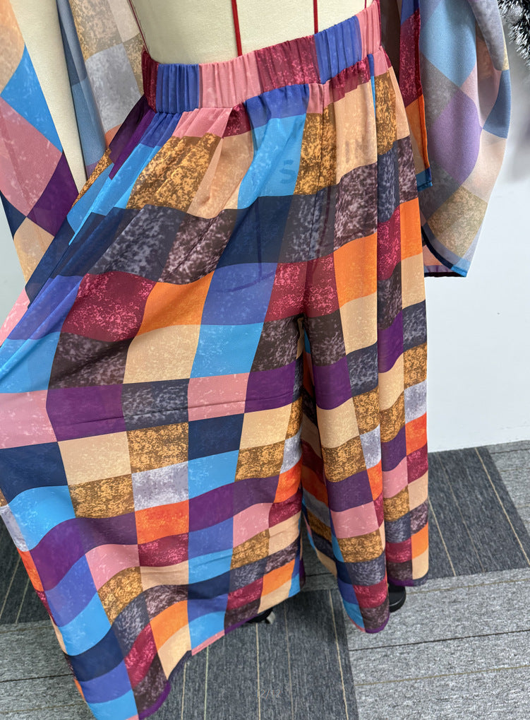 Sexy Printed Shawl Sleeveless Top Wide-Leg Loose Pants Two-Piece Set 12