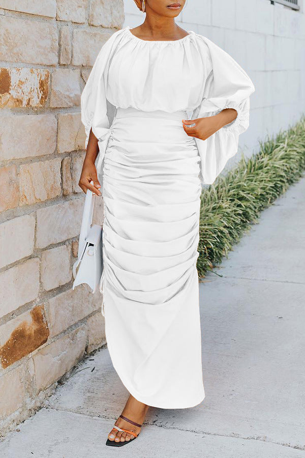 Women Solid Balloon Sleeve Irregular Pleated Dress 7