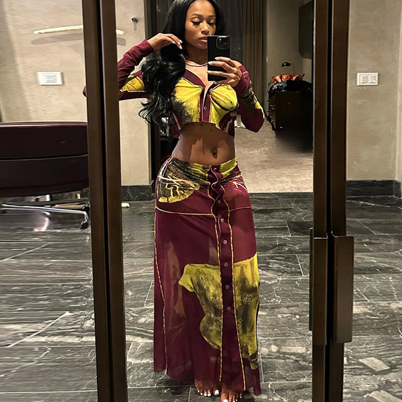 Women's Long Sleeve Crop Top Fashion Breasted Two-Piece Skirt Set 4