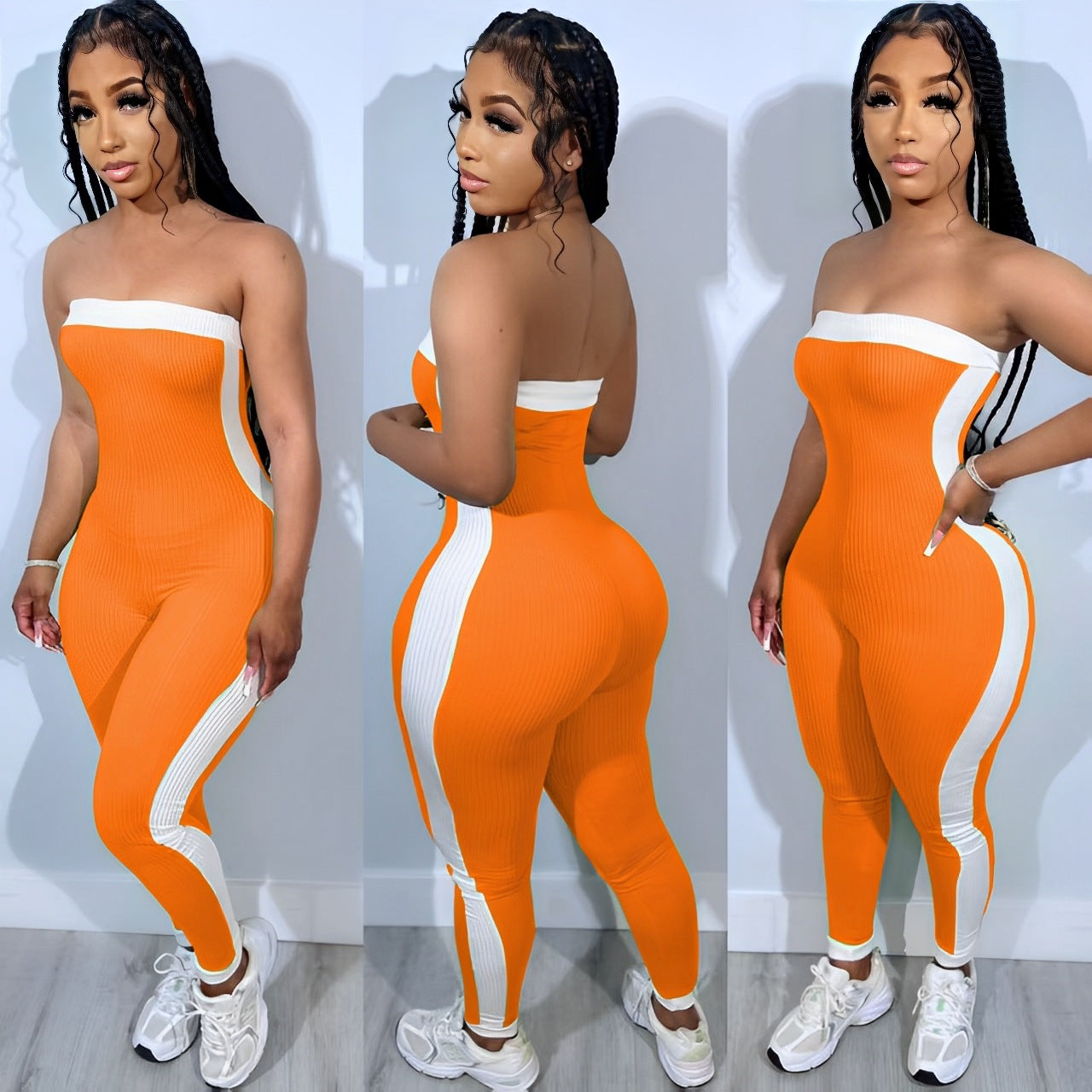 Strapless Color Block Sexy Tight Fitting Sporty Jumpsuit 4