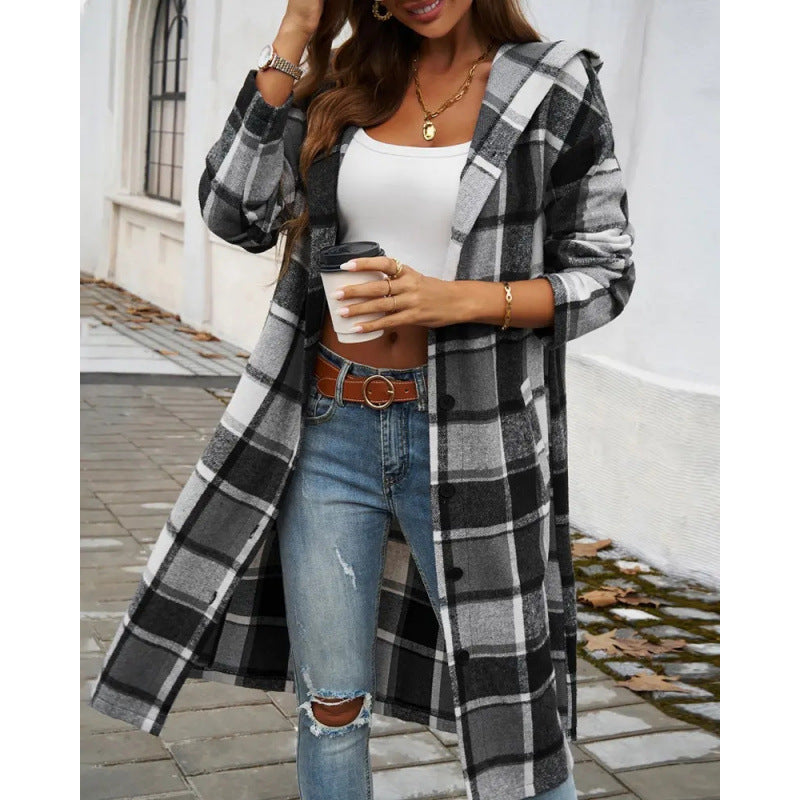 Women Plaid Hooded Long-sleeved Coat 7