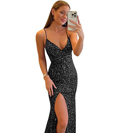 Luxury Sequin Strap Deep V Neck Low Back Formal Party Evening Dress（Processing time need 3-6 days） 4
