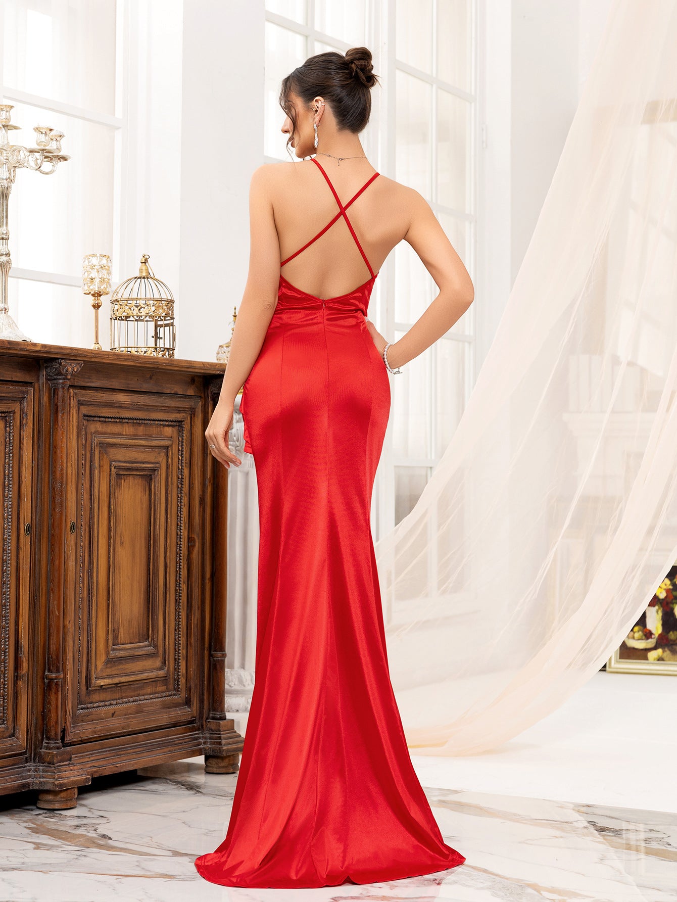 Women's Summer V-Neck Lace-Up Fishtail Evening Dress 3