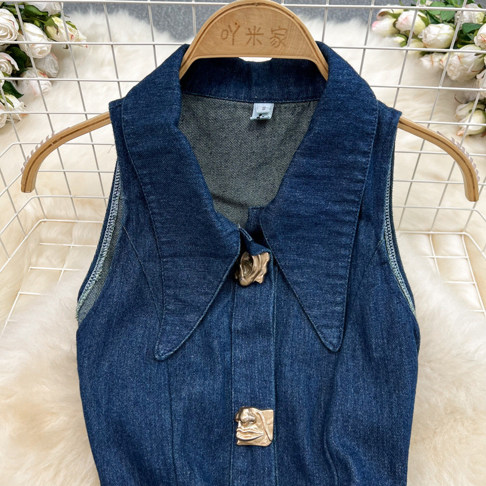 Women Vintage Turndown Collar Cut Out Sleeveless Denim Dress 10