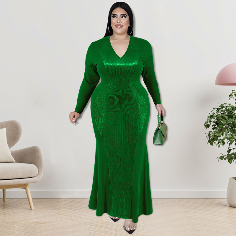 Plus Size Women Long Sleeve Sequin Maxi Dress 4