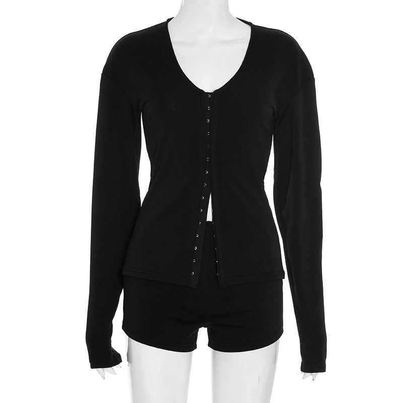 Women's Autumn Winter Round Neck Buttons Slim Waist Long Sleeve Top Shorts Set 7