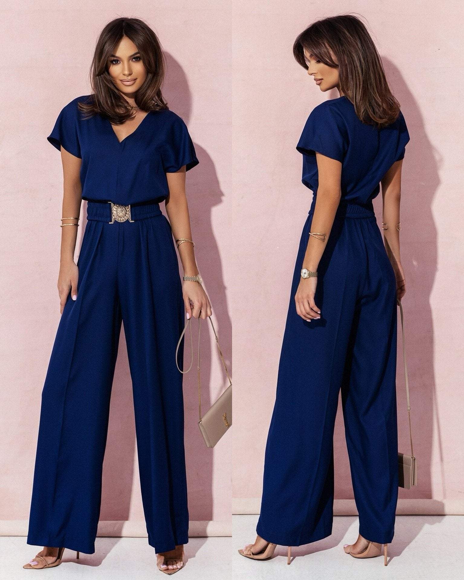 Fashionable Short-Sleeved V-Neck Solid Color Slim-Fit Jumpsuit 10