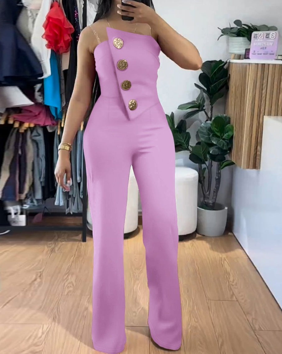 Summer Sexy Solid Color Strapless Button Flared Jumpsuit For Women 8