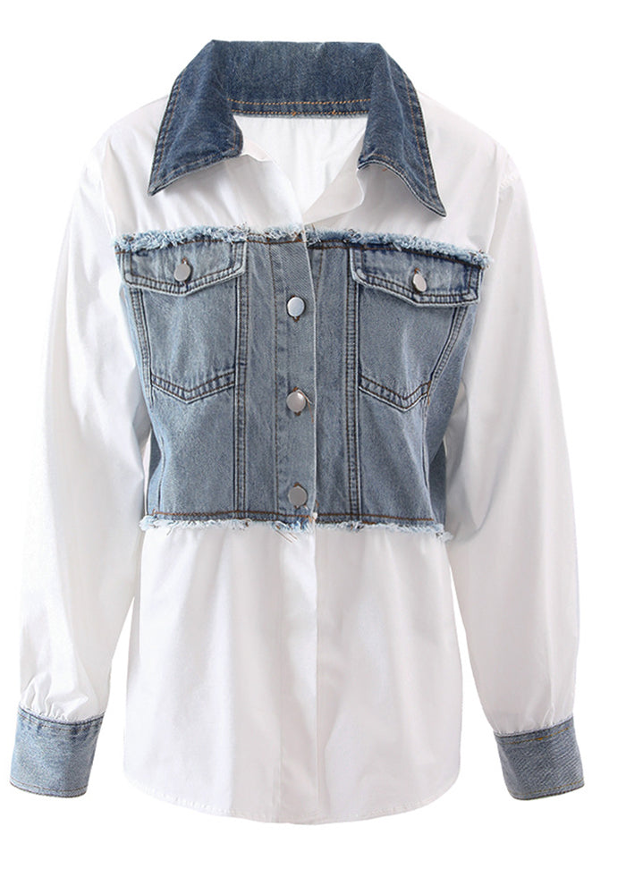 Women American Retro Color-blocking Patchwork Denim Shirt