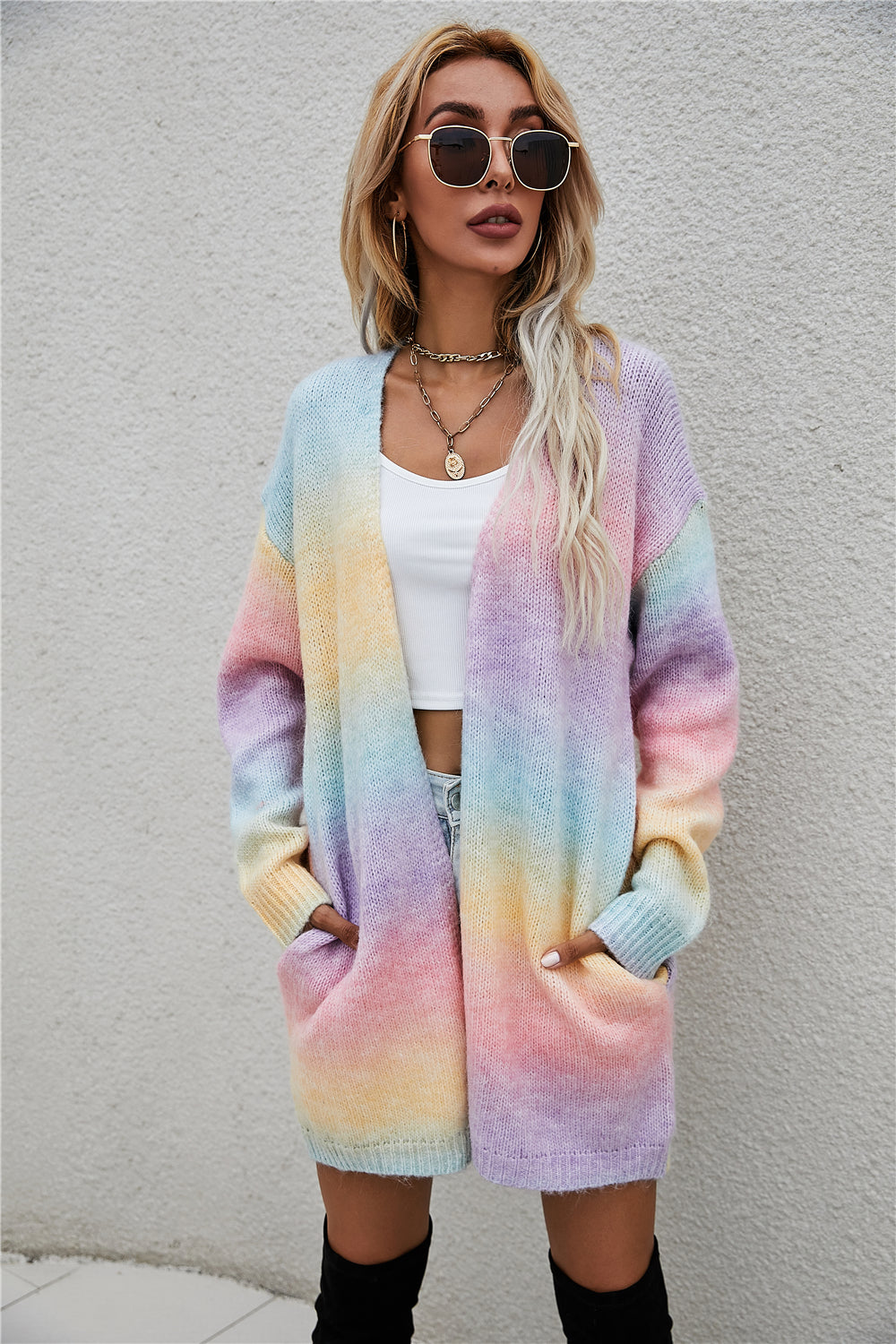 Winter Sweater Rainbow Tie Dye Plus Size Cardigan Women's Knitting Shirt Jacket