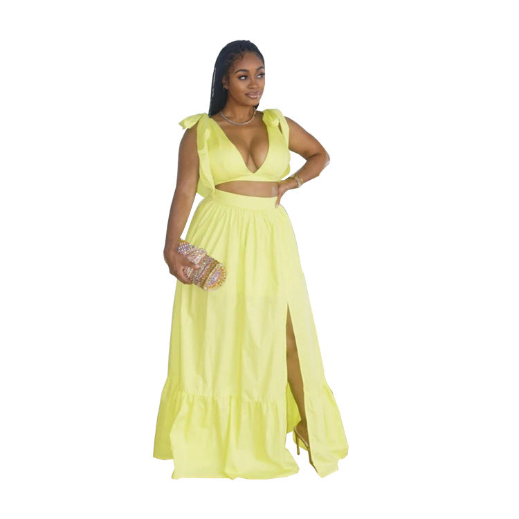 Women's Solid Color V-Neck Lace-Up Tank Top+Slit Long Skirt Two Piece Set 10