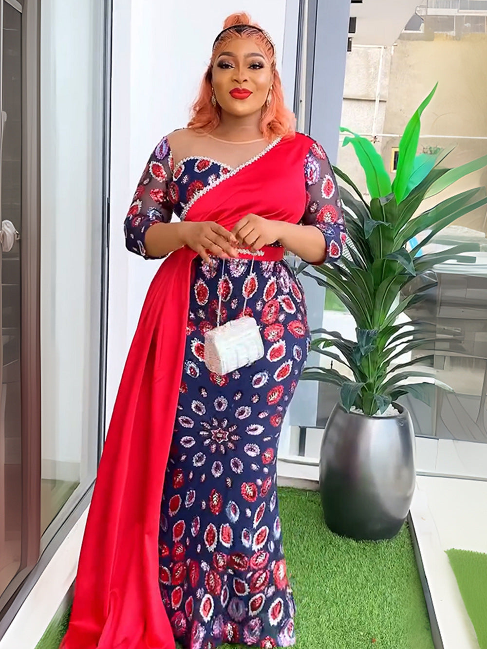 Patchwork Contrast African Women's Plus Size High Waist Sequin Long Dress 8