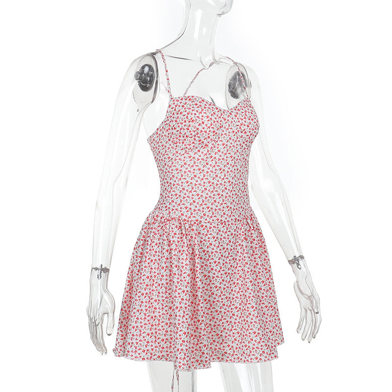 Summer Floral Low-Back Lace-Up A-Line Strap Short Dress 9