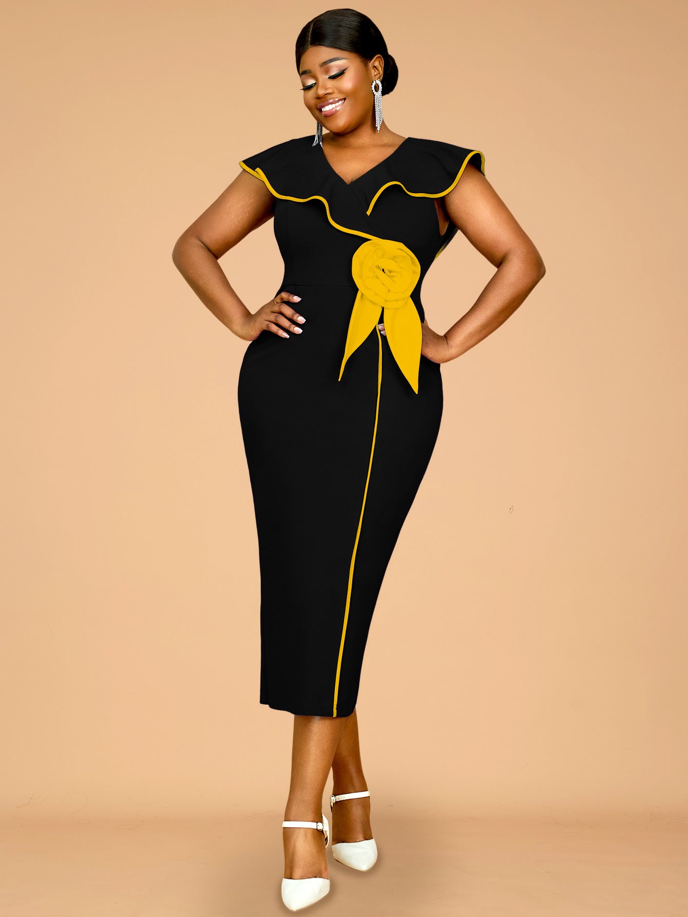 Plus-Size Contrast Flower Ruffle Sleeve Elegant Chic Formal Party Dress 4