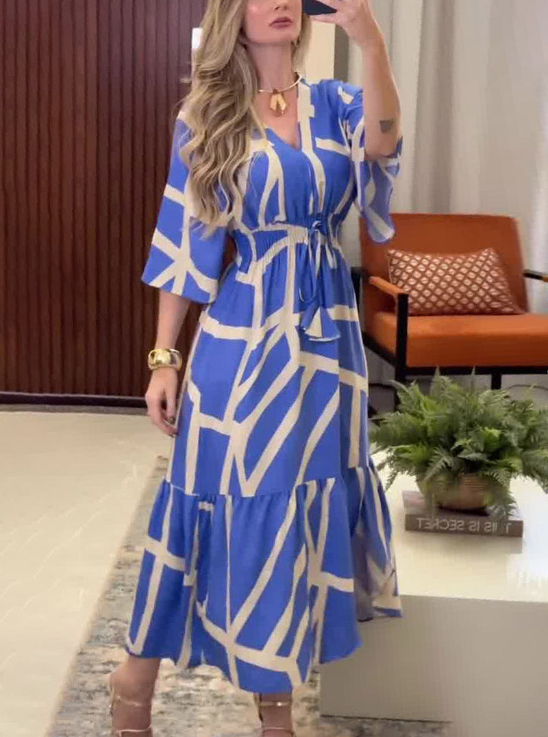 Women Summer U-Neck Printed Long Sleeve Bell Bottom Sleeve Dress 3