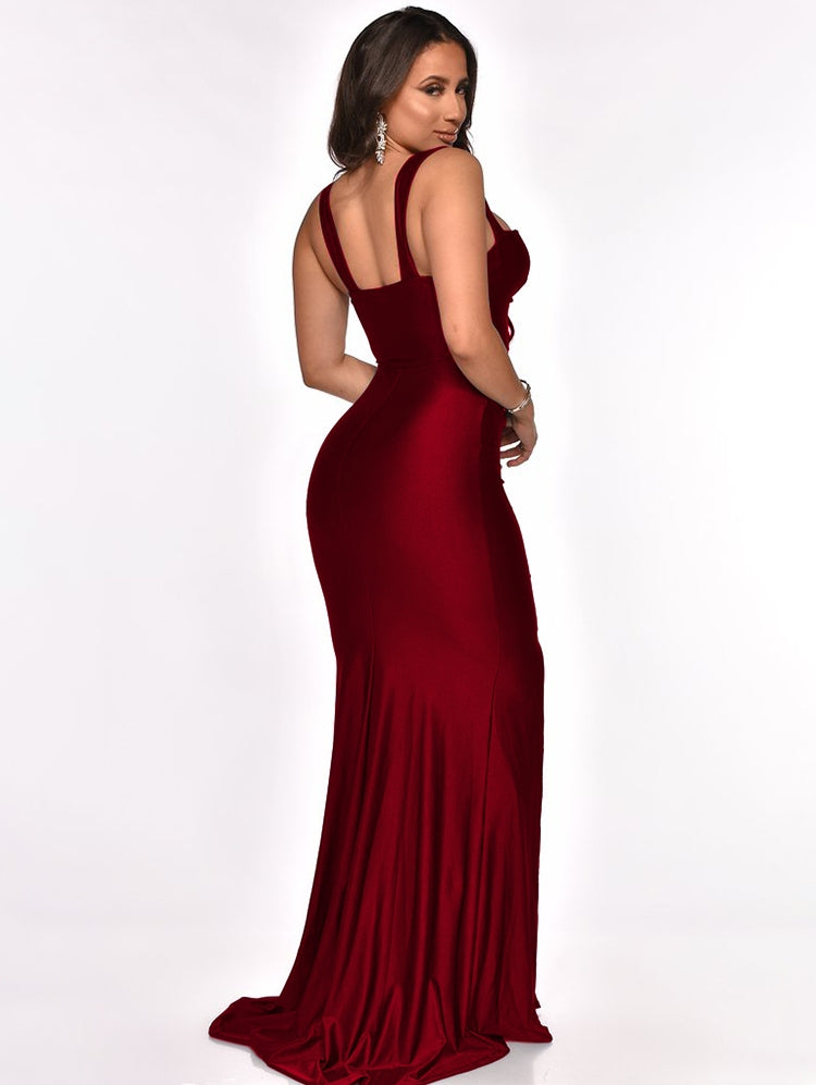 Women Summer Burgunry Formal Strap Sleeveless Solid Silt Evening Dress