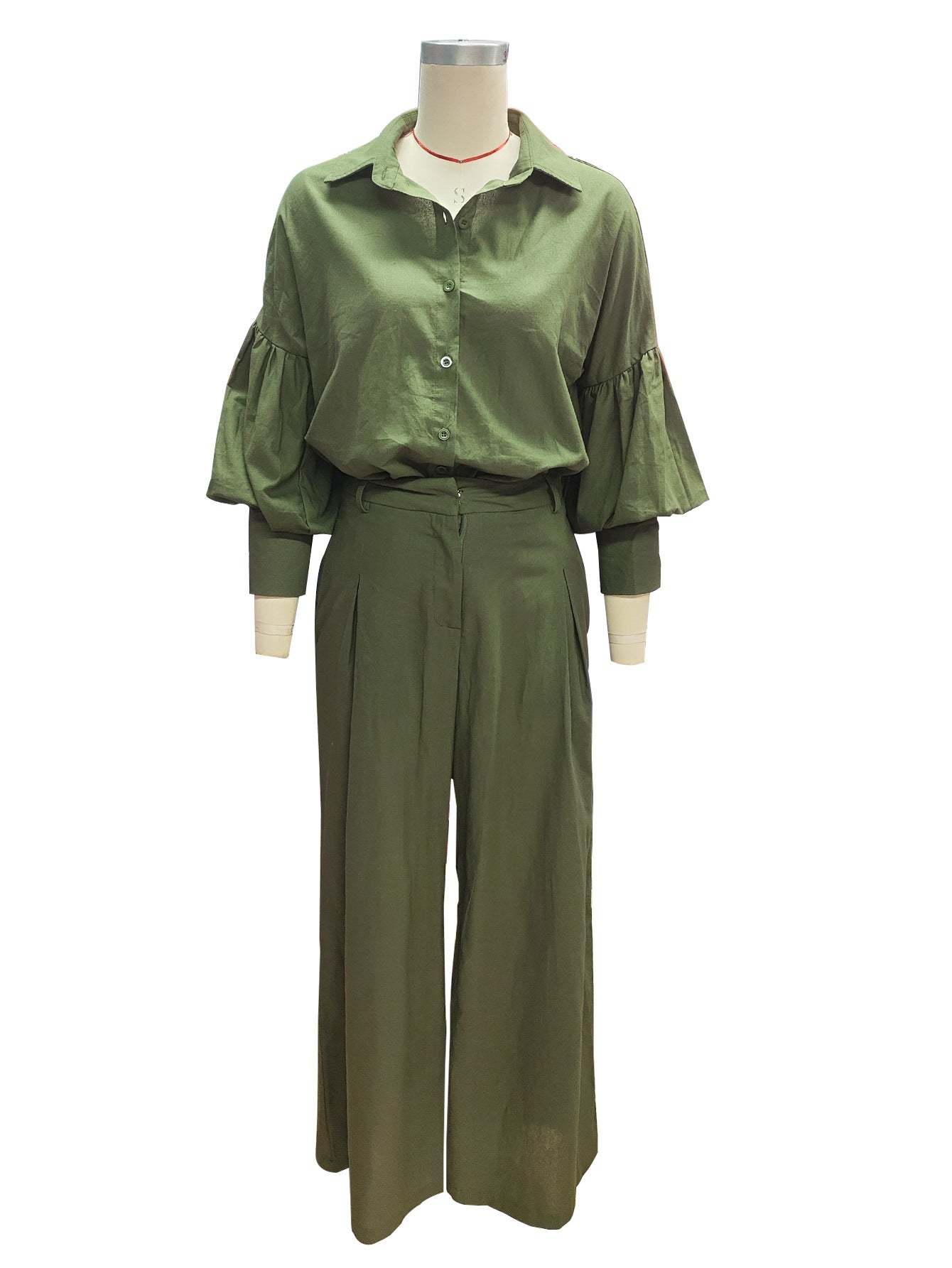 Autumn Solid Long-Sleeve Shirt & Wide-Leg Pants Linen Two-Piece Set 8
