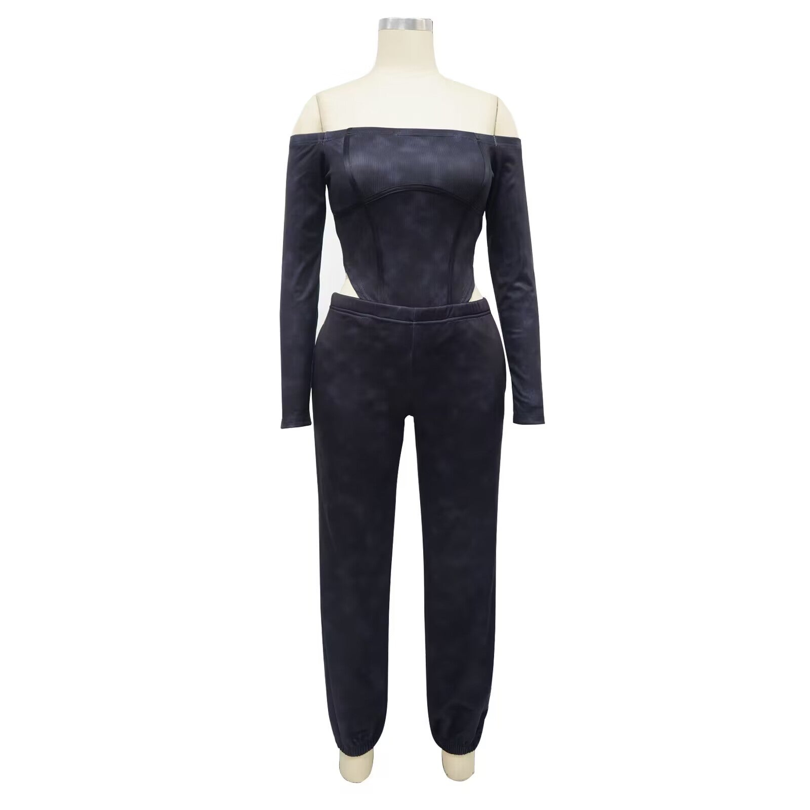 Fashion Women's Off Shoulder Long Sleeve Bodysuit Pants Two Piece Set 14