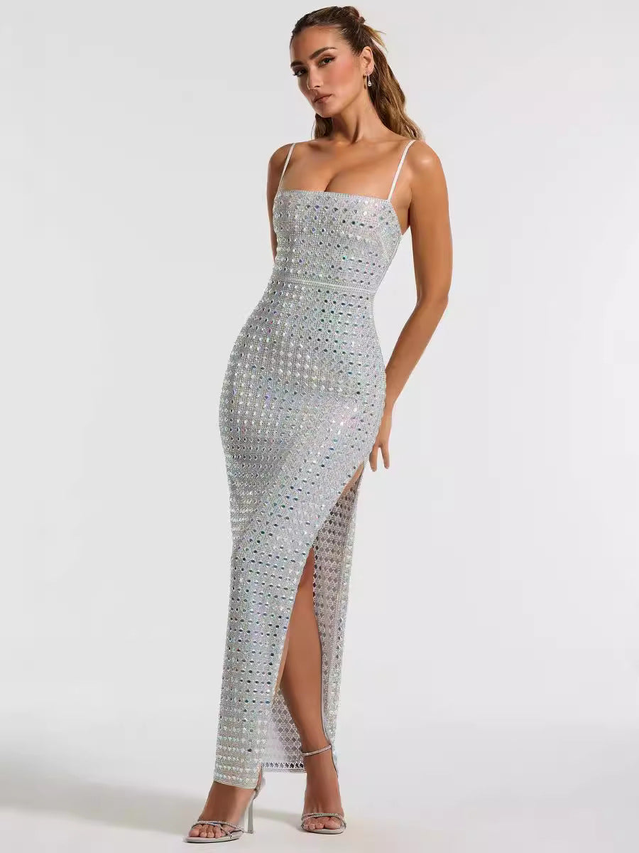 Summer Women Elegant Slit Beaded Strap Maxi Dress 4