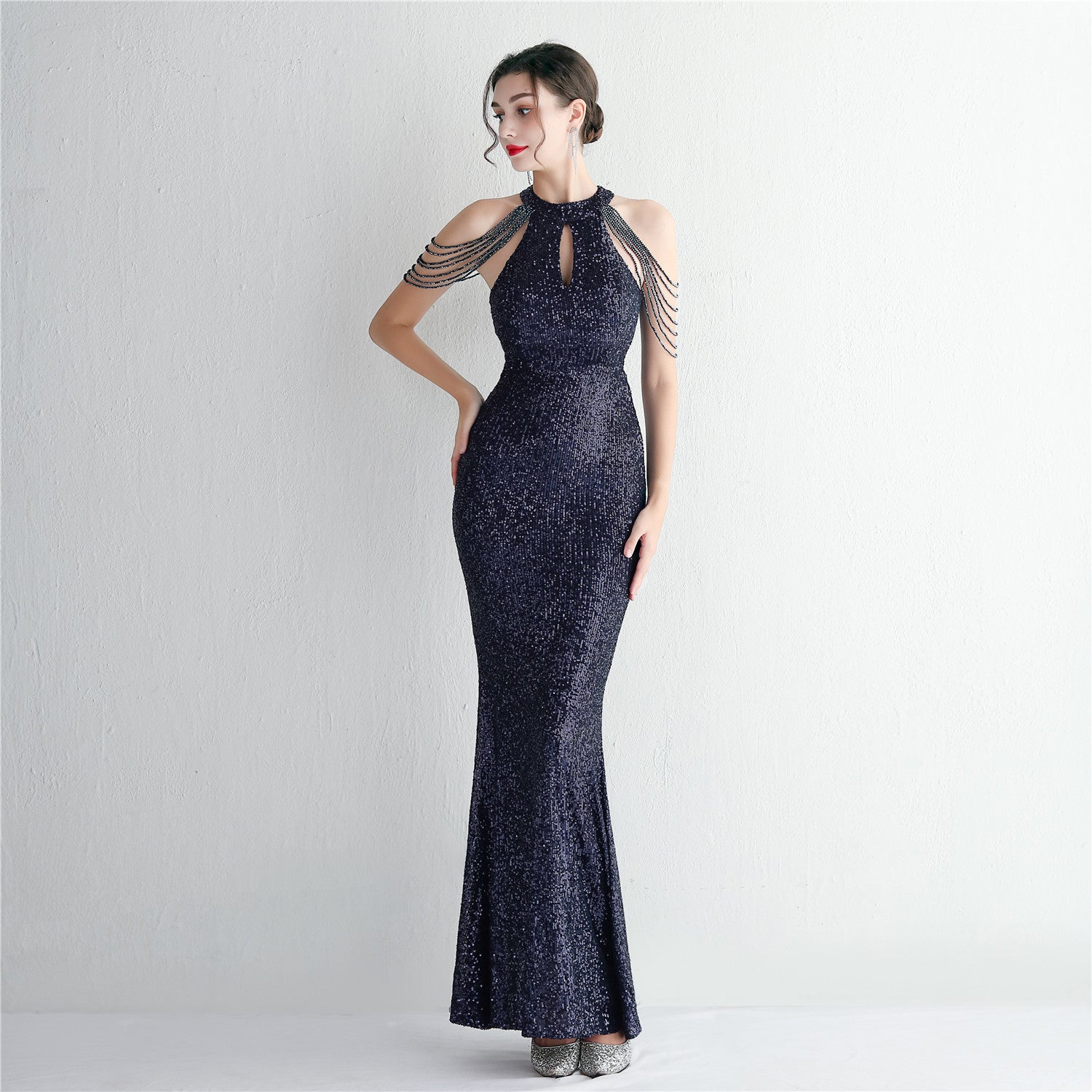 WomenElegant Sequined Halter Neck Evening Dress 10