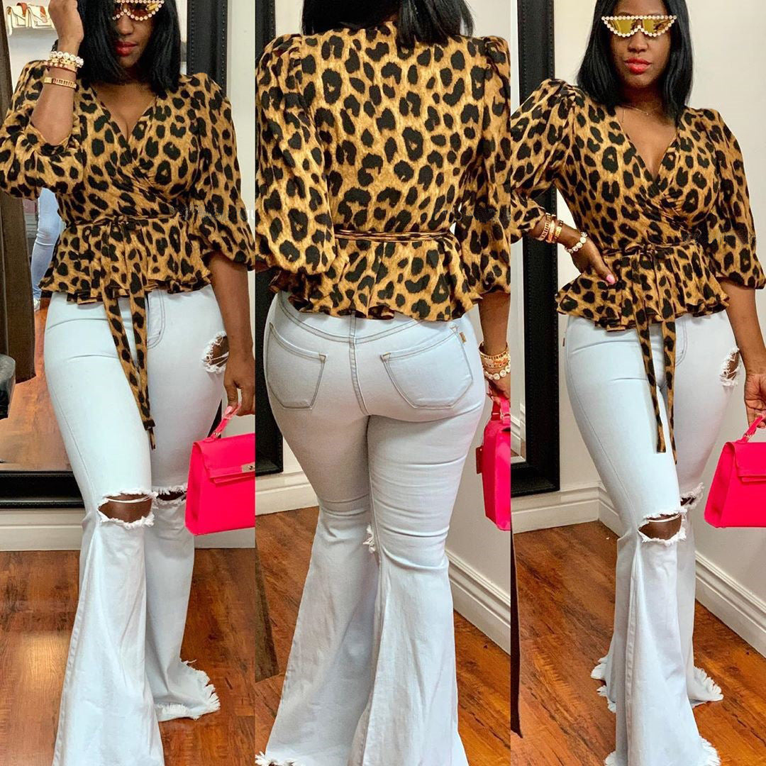 Women Casual Leopard V-neck Lace-Up Top 5