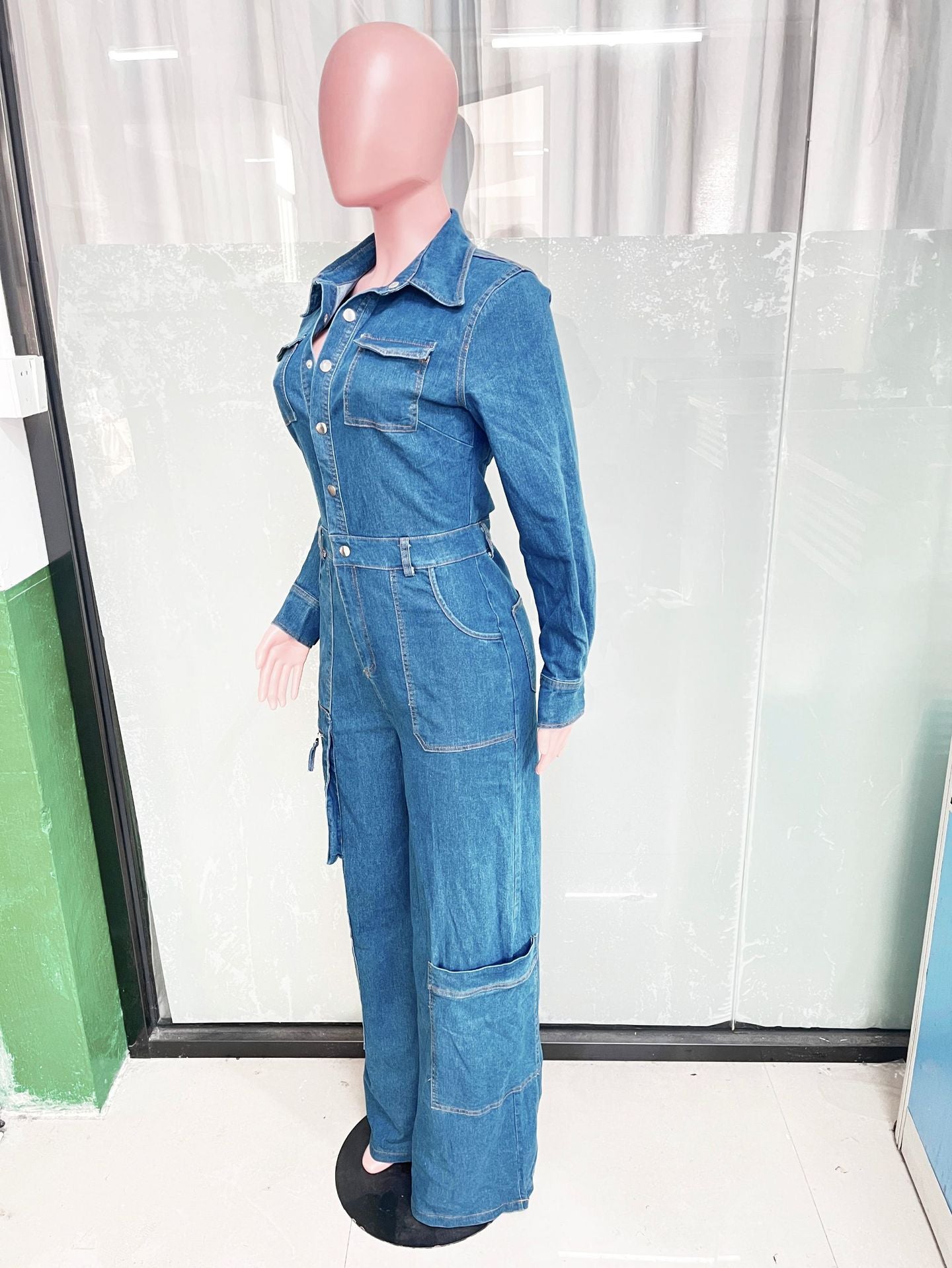 Women Stretchy long sleeve Cargo Denim Jumpsuit 6