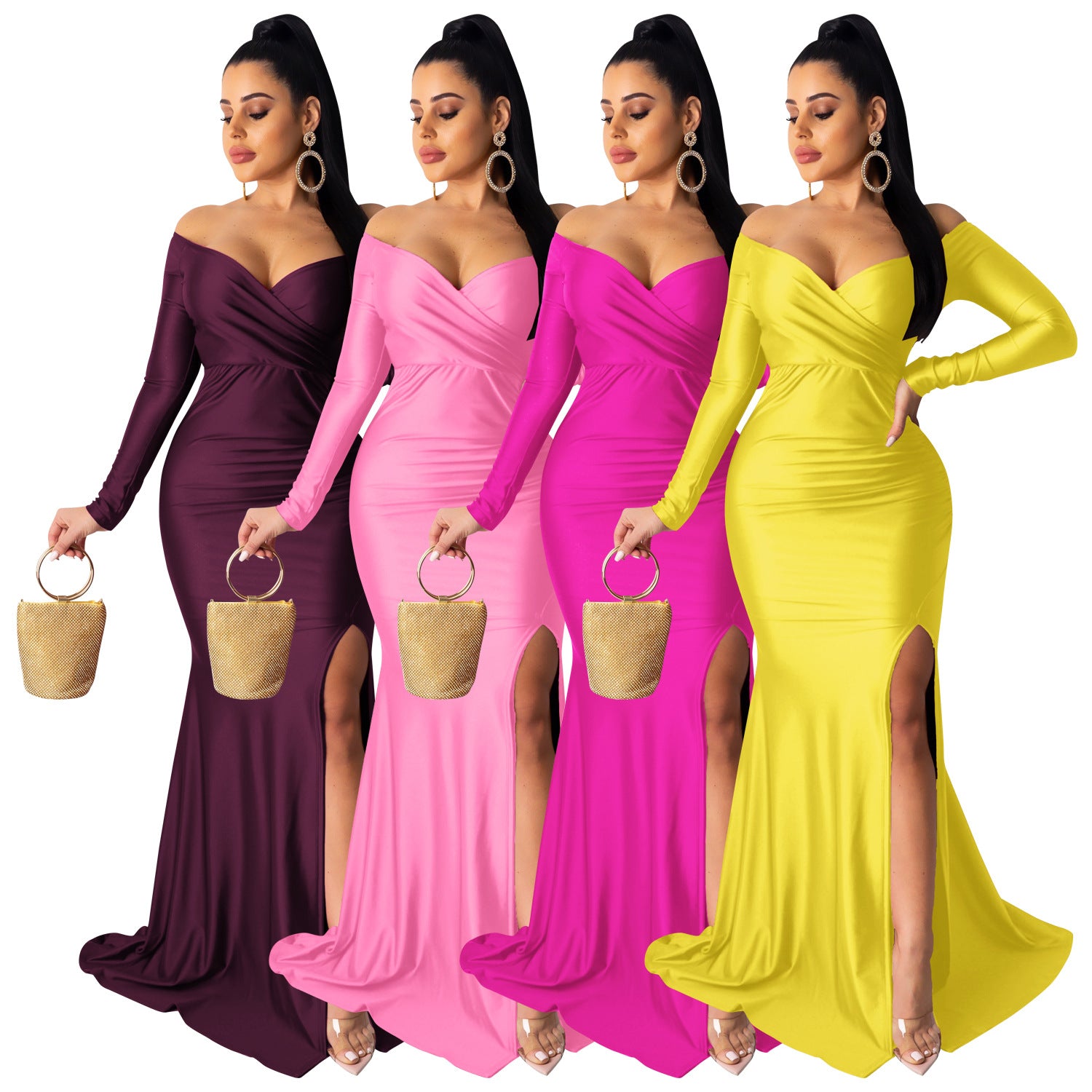Women Sexy V-Neck Dress Solid Slit Long Sleeve Maxi Dress 11