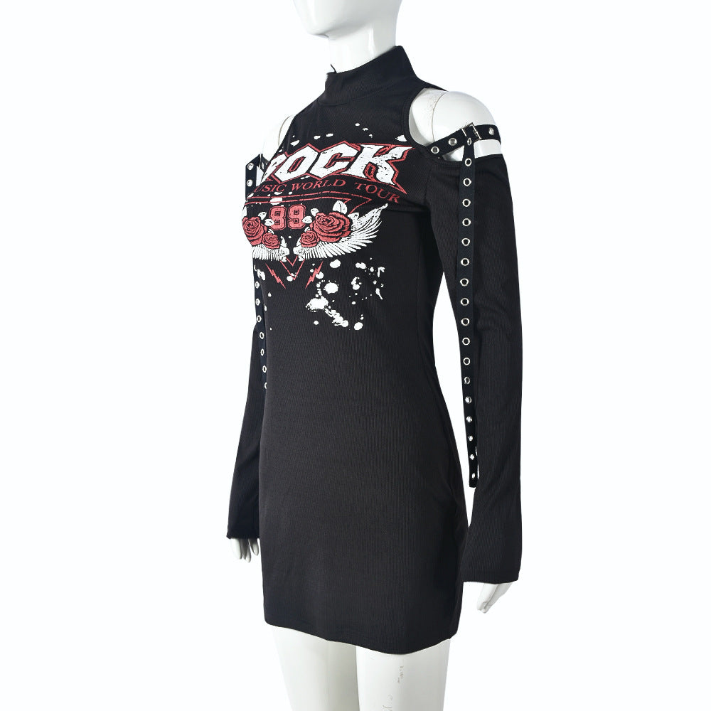 Women Spring Printed Half Turtle Neck Off Shoulder Long Sleeve Dress 10