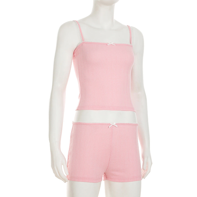 Summer Home Set Lace Bow Straps Top & Shorts Pajamas Casual Two-Piece Set 8