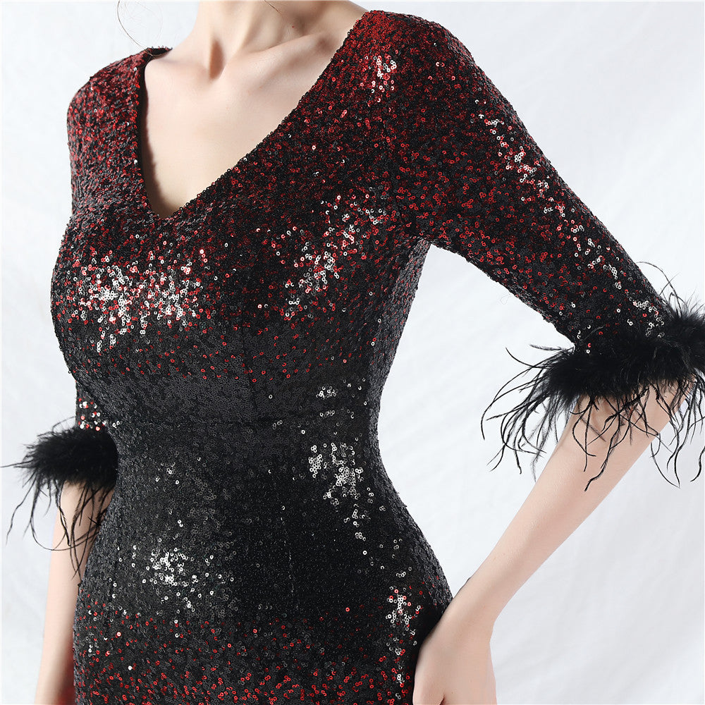 Elegant V-Neck Short sleeve Gradient Sequins Long Sleeve Evening Dress 18