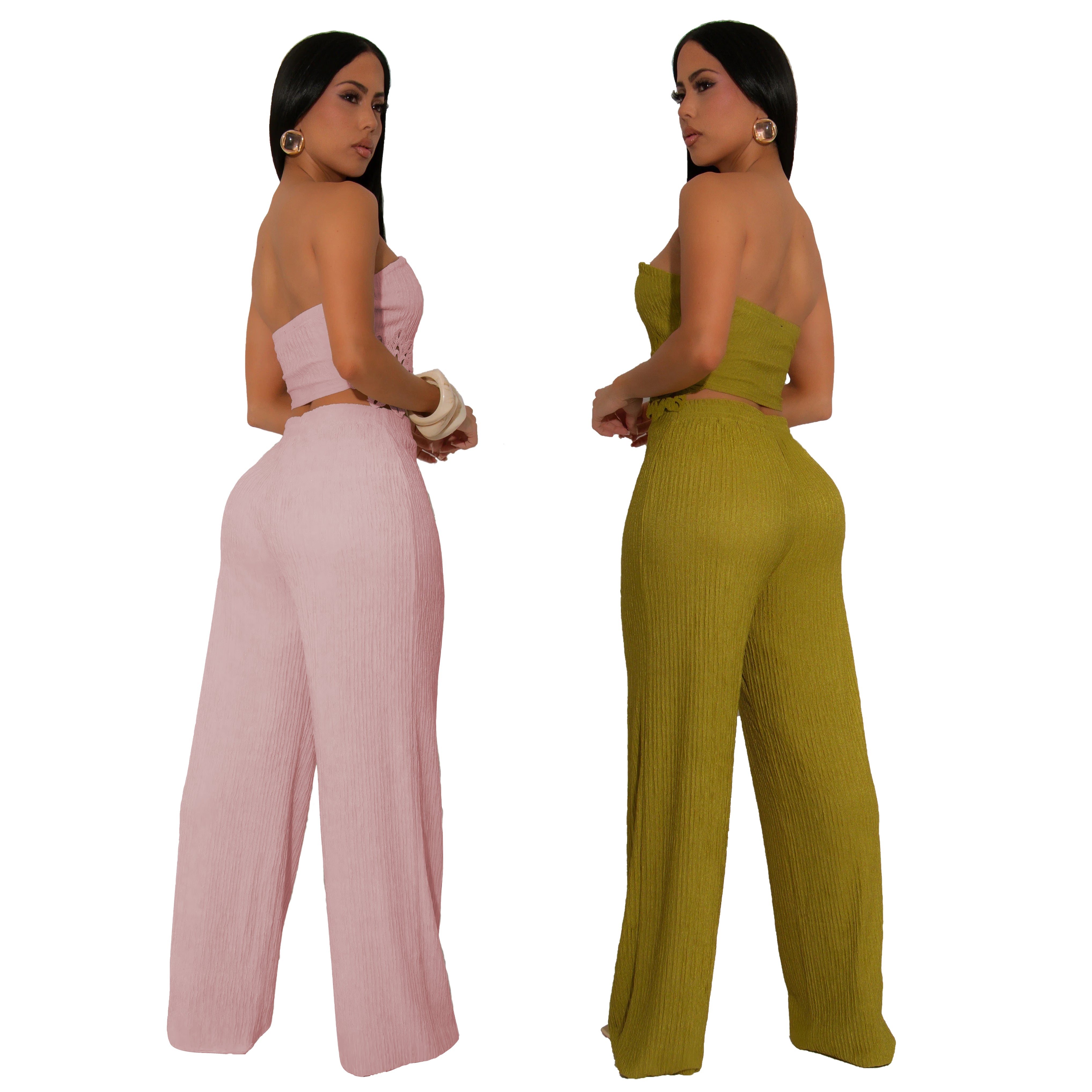 Women Sexy Pleated Strapless Top and Pants Two-piece Set 5