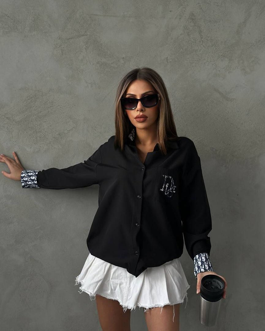 Women long-sleeved solid embroidered letter shirt (with pockets)