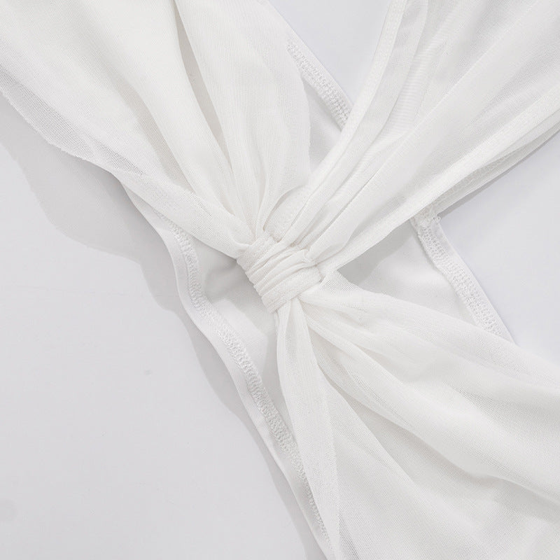 Women's Spring-Summer See-Through Mesh One-Sleeve Slim Tight Two-Piece Shorts Set 19