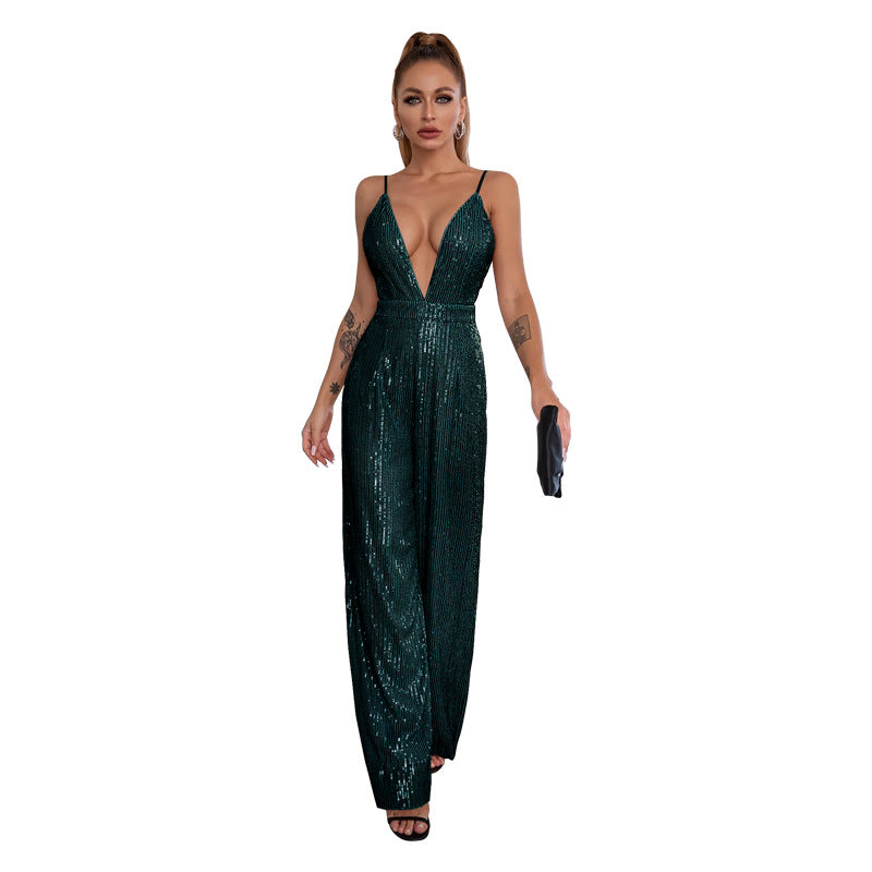 Deep V Neck Low Back Sleeveless Chic Sequined Straps Elegant Women's Party Jumpsuit 22