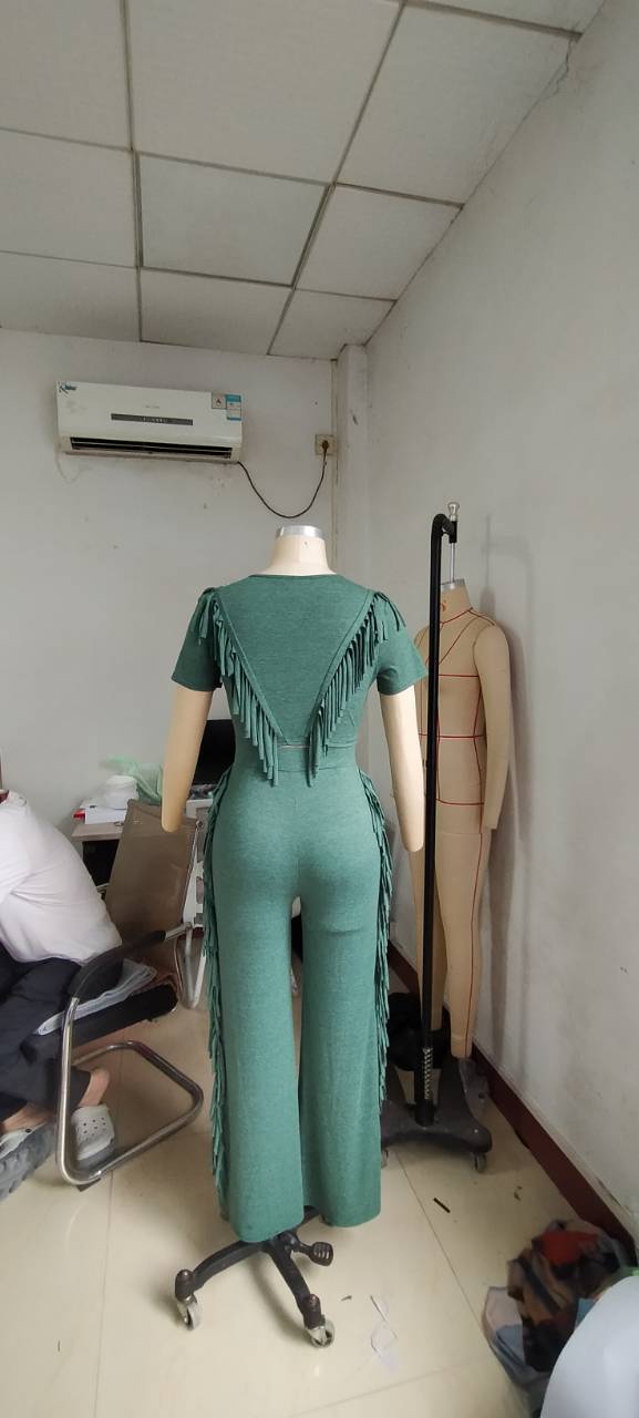 Solid Color Casual Short Sleeve Tassel Wide Leg Two-Piece Pants Set 11