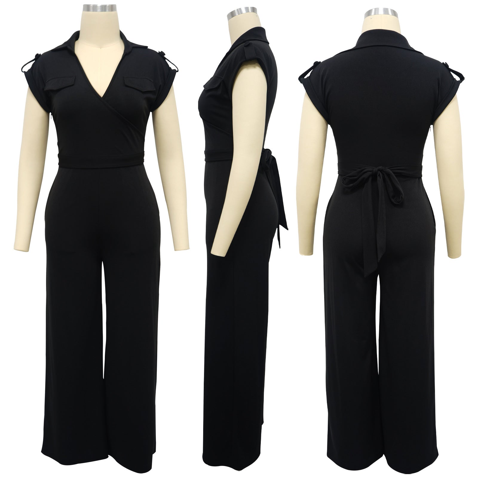Fashionable Women's Solid Color Sleeveless V-Neck Wide Leg Jumpsuit 11