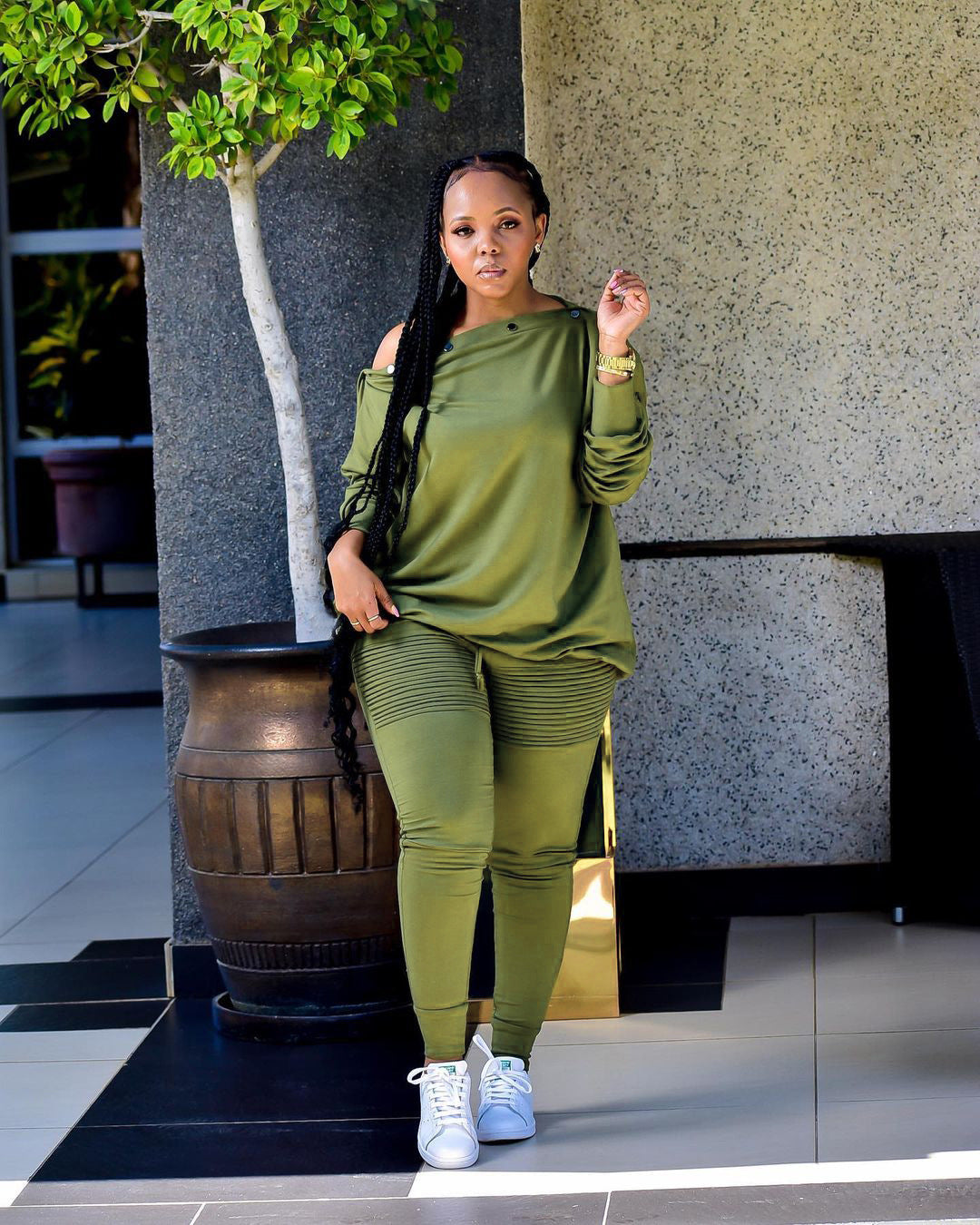 Autumn And Winter Women's Clothing Buttoned Off Shoulder Top Pants Casual Two-Piece Set 8