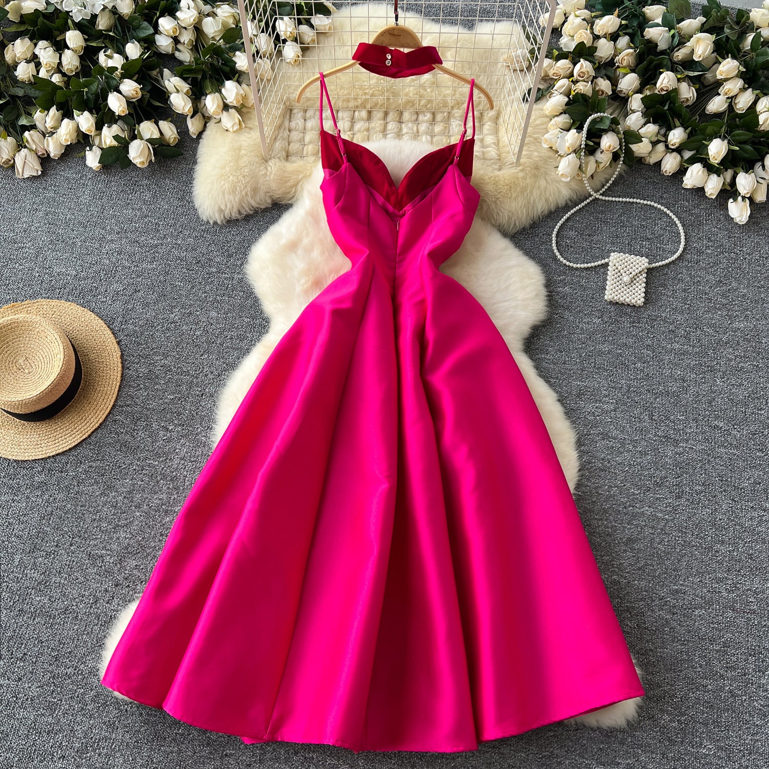 Luxury Strap V-Neck A-Line Flared Midi Dress 6