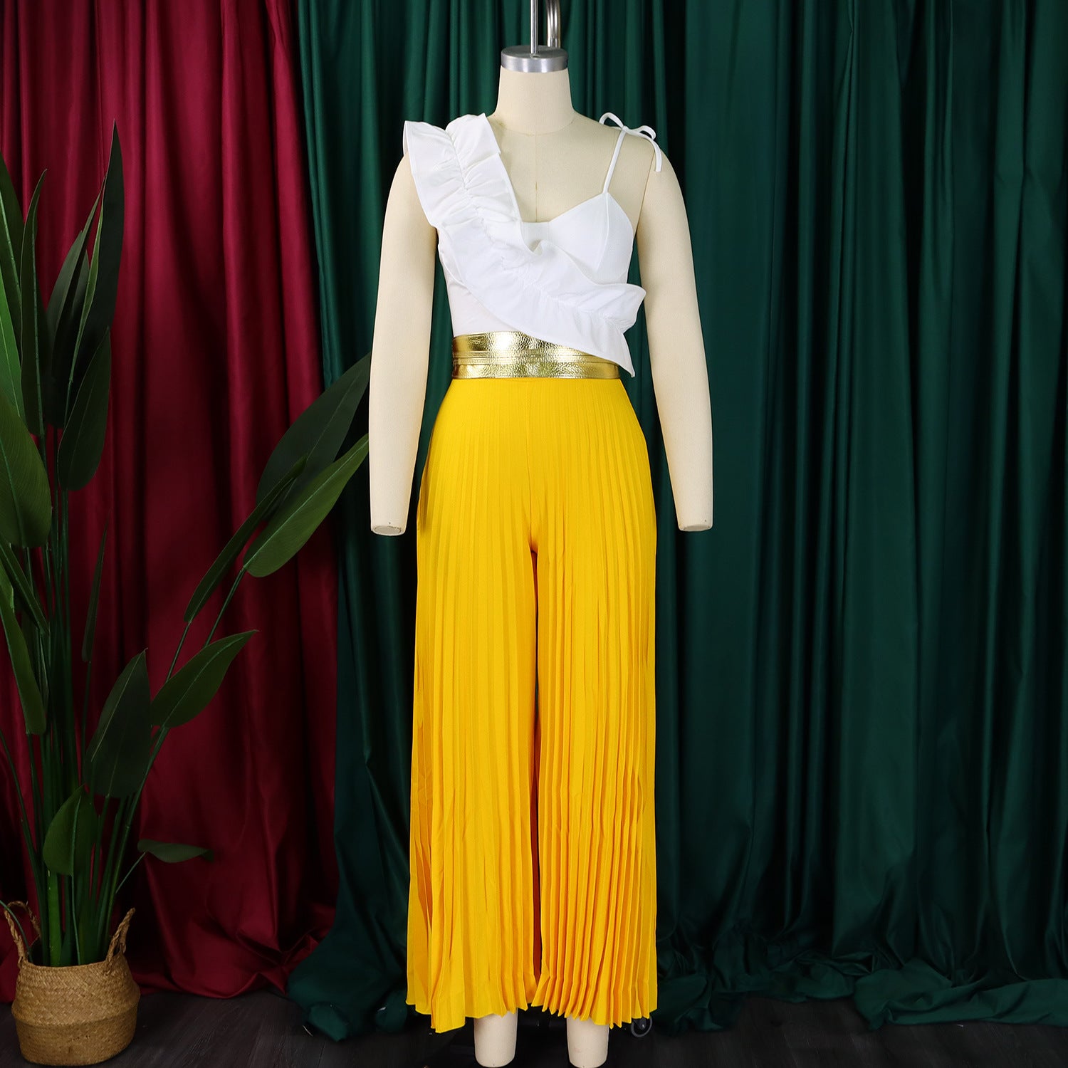 Women's Sexy Ruffle Sleeveless Top Wide Leg Pants Fashion Suit 15