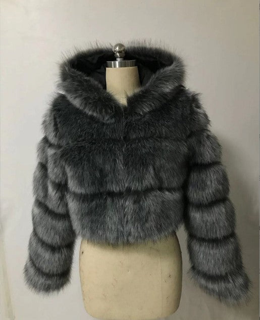 Fur Coat Cropped Hooded Faux Fur Coat Long Sleeve Patchwork Women's Coat 27