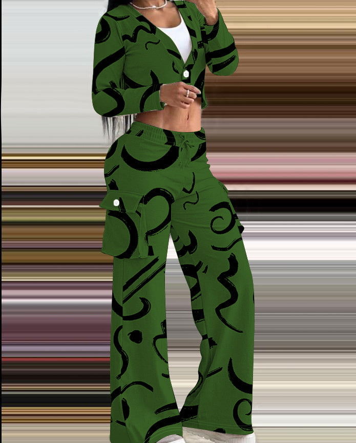 Women Autumn and Winter Geometric Line Print Casual Sexy Short Top and Pant Two-piece Set 7