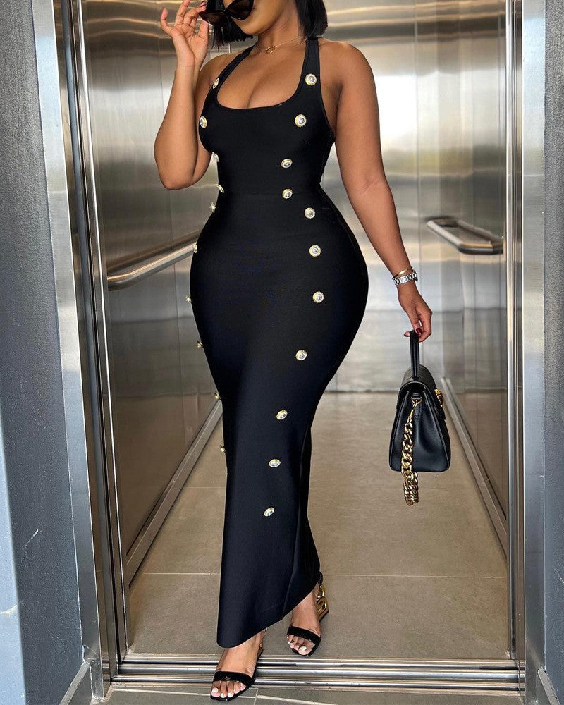 Women's Button Slim Halter Sexy Long Dress