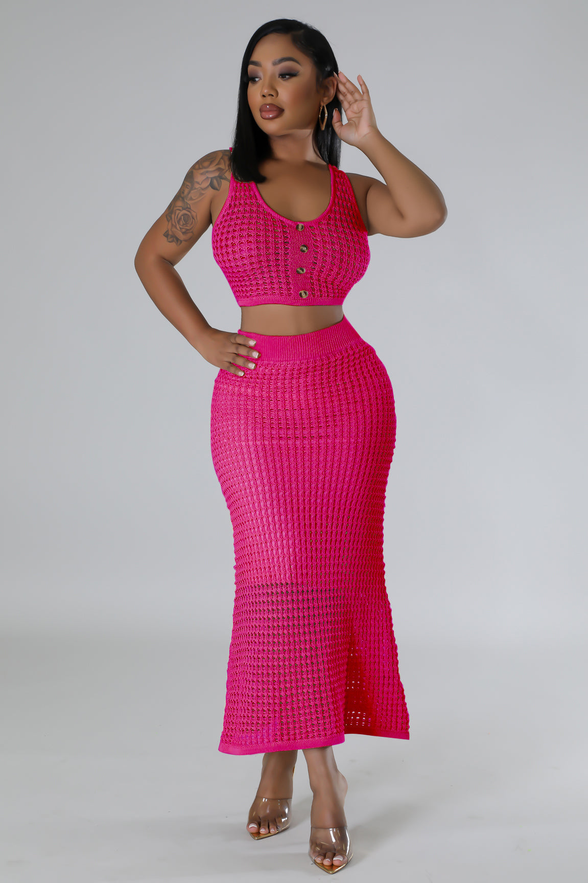 Women tassel fishnet knitting Casual Top and Skirt two-piece set 12