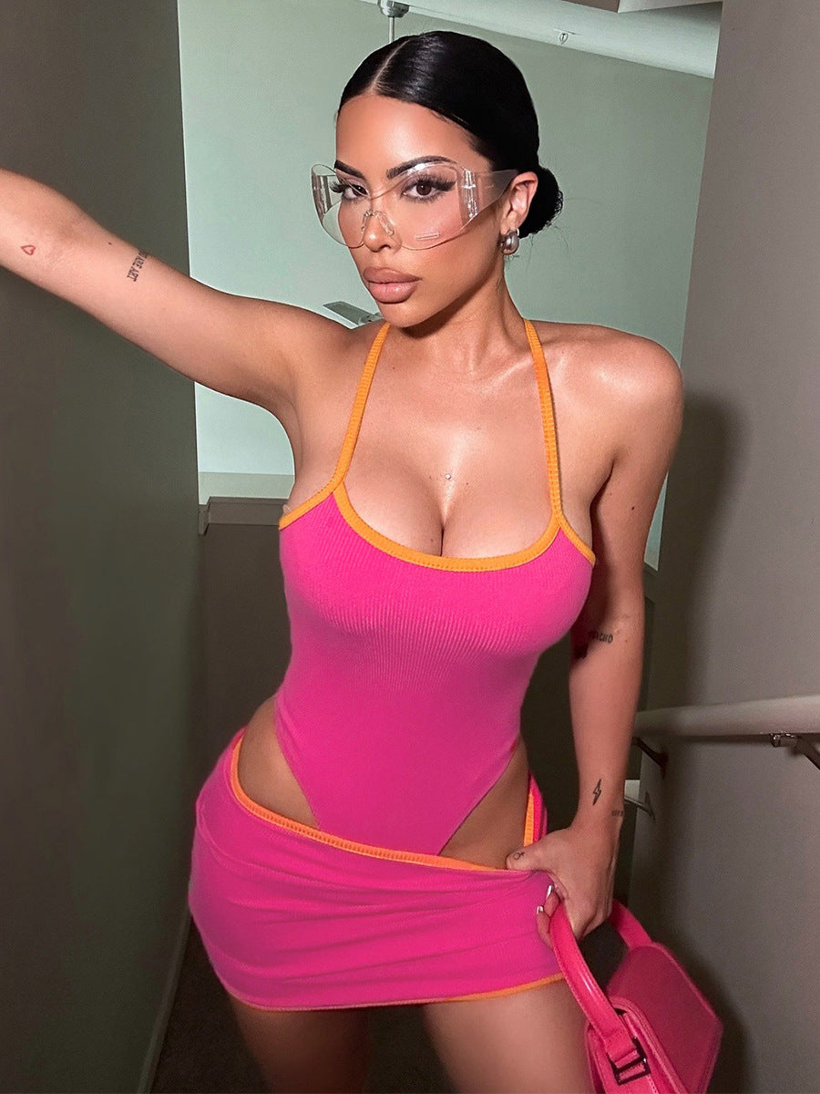 Autumn Slim Contrast Low Back Bodysuit Skirt Two Piece Set 4