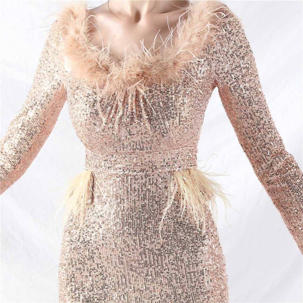 Women ostrich feather long-sleeved sequined evening dress 44