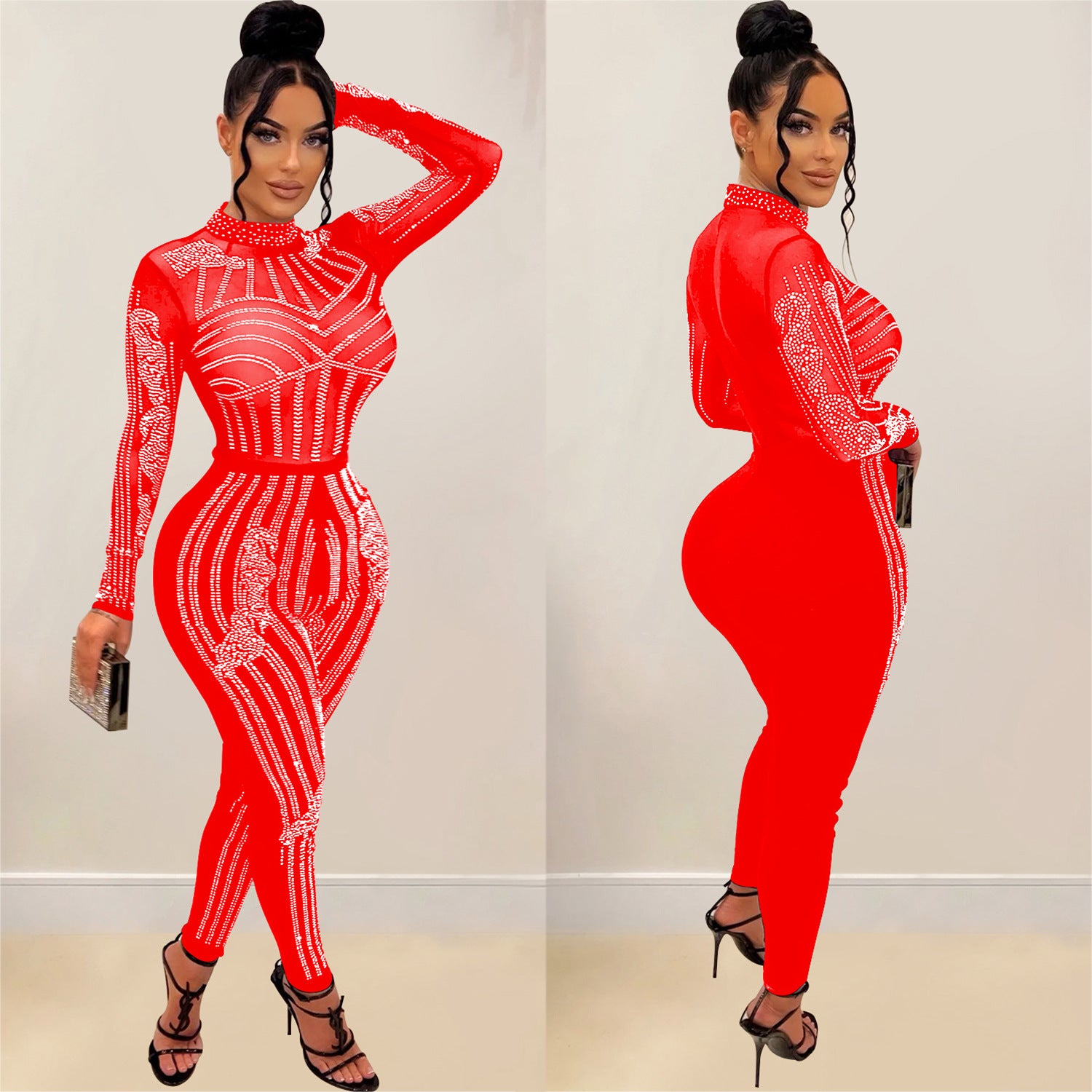 Women Solid Mesh Beaded Long Sleeve Jumpsuit 5