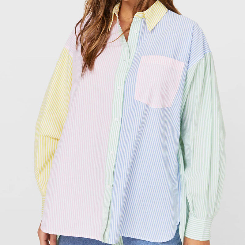 Summer Contrast Stripes Color Matching Loose Shirt 5