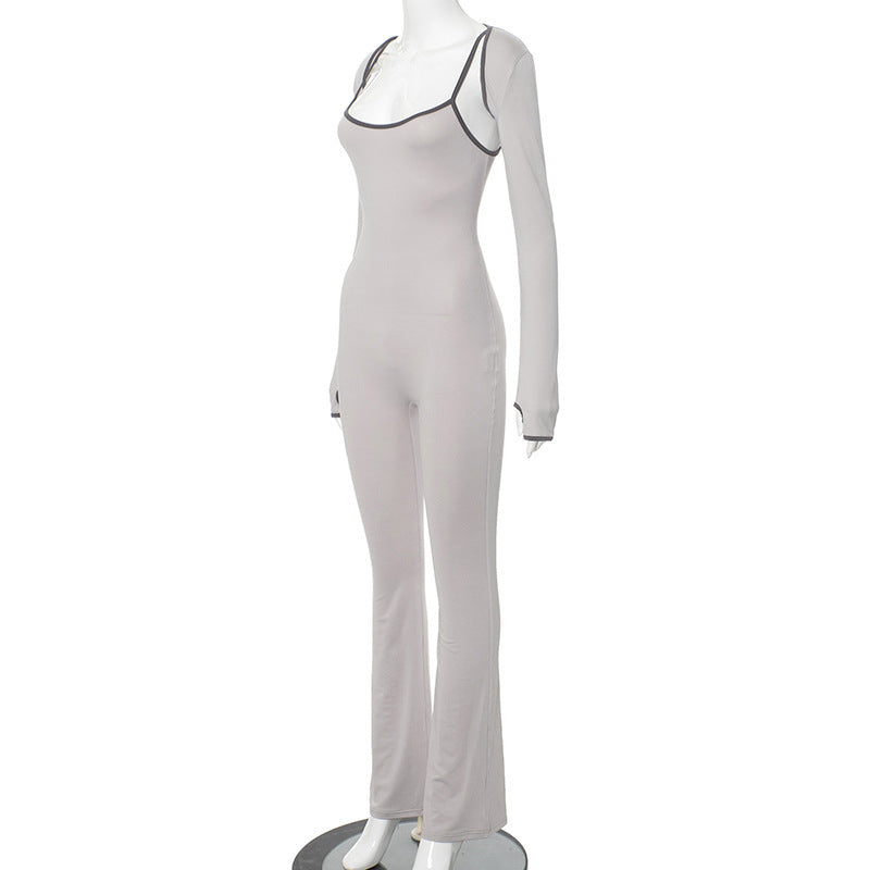 Women's strap Tight Fitting Jumpsuit long sleeve cape top two piece set 10