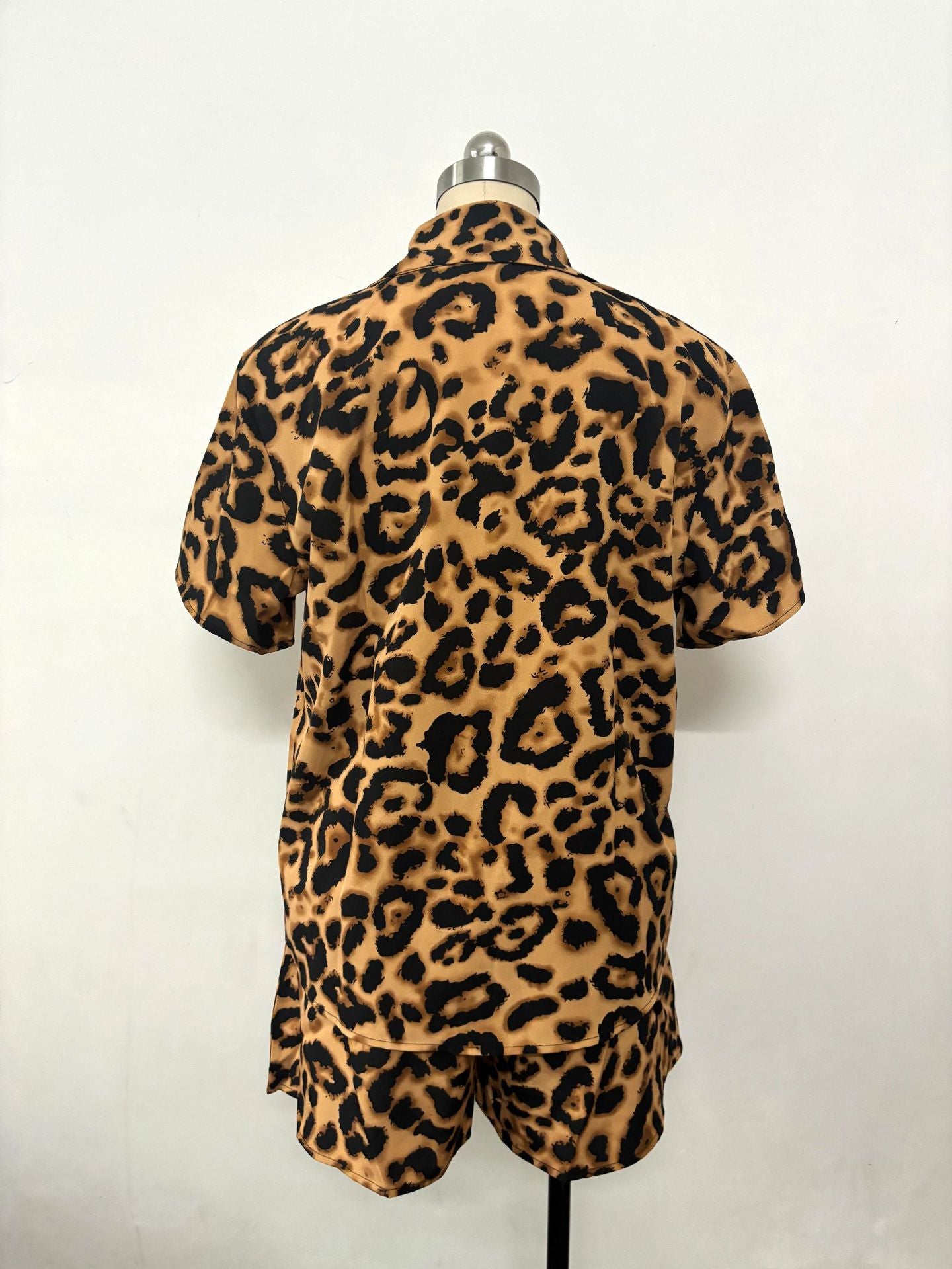 Women Leopard Print Short Sleeve Shirt Shorts Summer Two-Piece Set 9