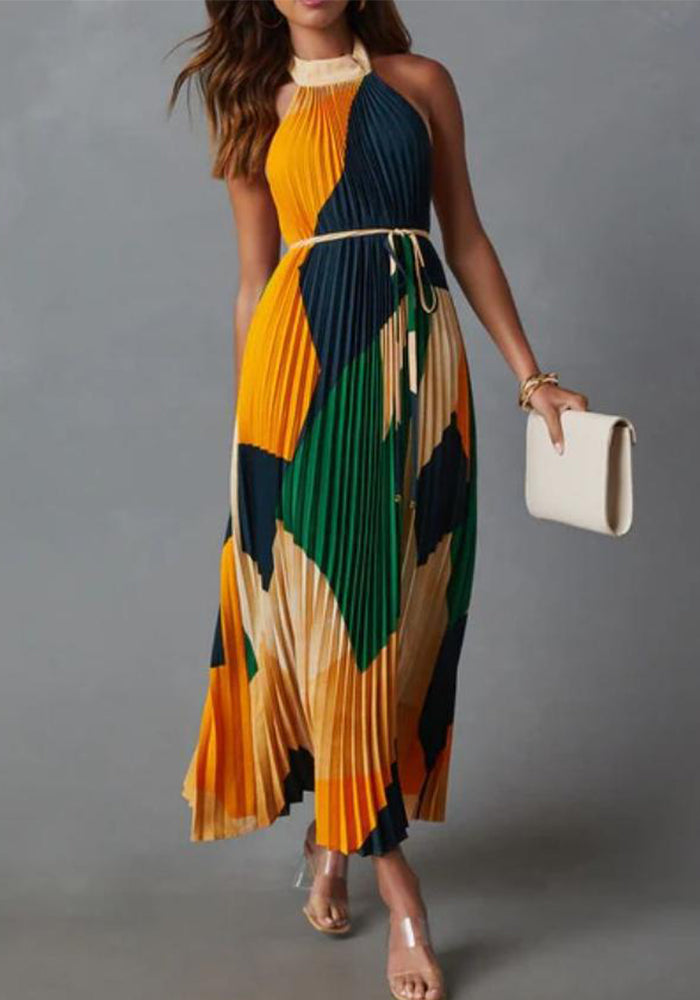 Women Backless Lace-Up Printed Accordion Dress